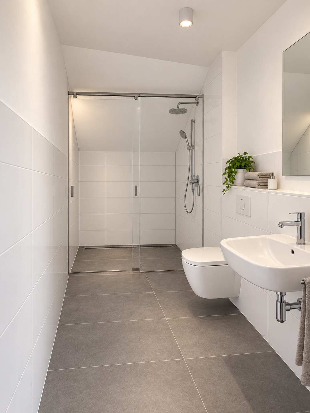 Badvisualisierung mit weißer Keramik, Chromarmaturen und grauem Fliesenboden
